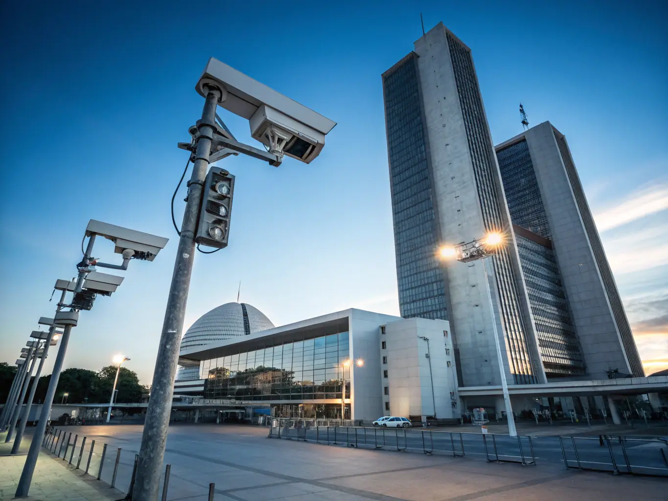 A drone shot of a commercial building with advanced security features, including surveillance cameras and secure access points. The image emphasizes the comprehensive security solutions offered by the contractor.