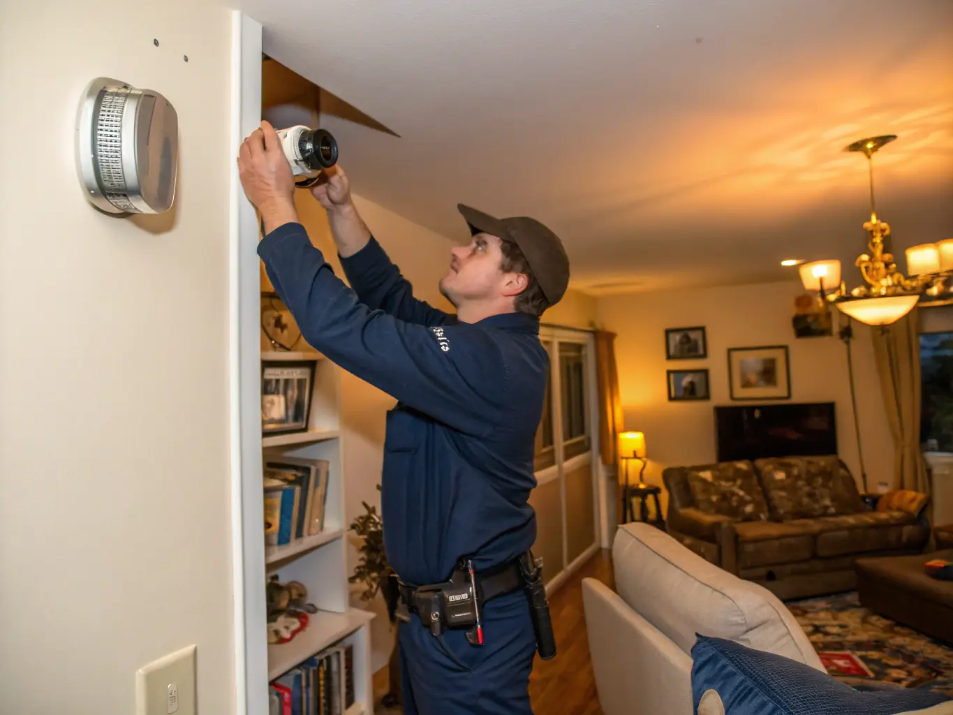 A professional photograph of a security expert installing a high-tech security system in a modern home. The expert is wearing a company uniform and using advanced tools, showcasing their expertise and attention to detail.